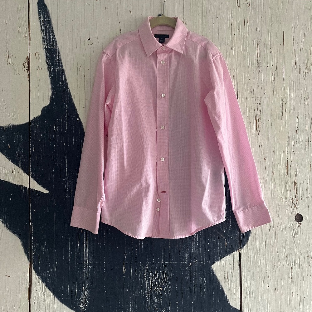 TOMMY HILIFIGER BOYS CROSS CHECKED CLASSIC SHIRT IN PINK SZ: 10